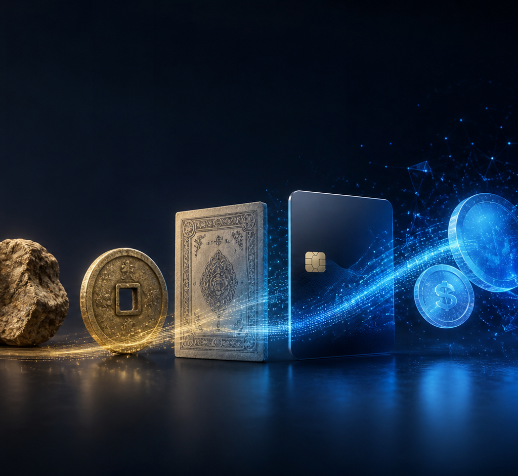 Evolução do dinheiro do escambo a representações digitais de valor