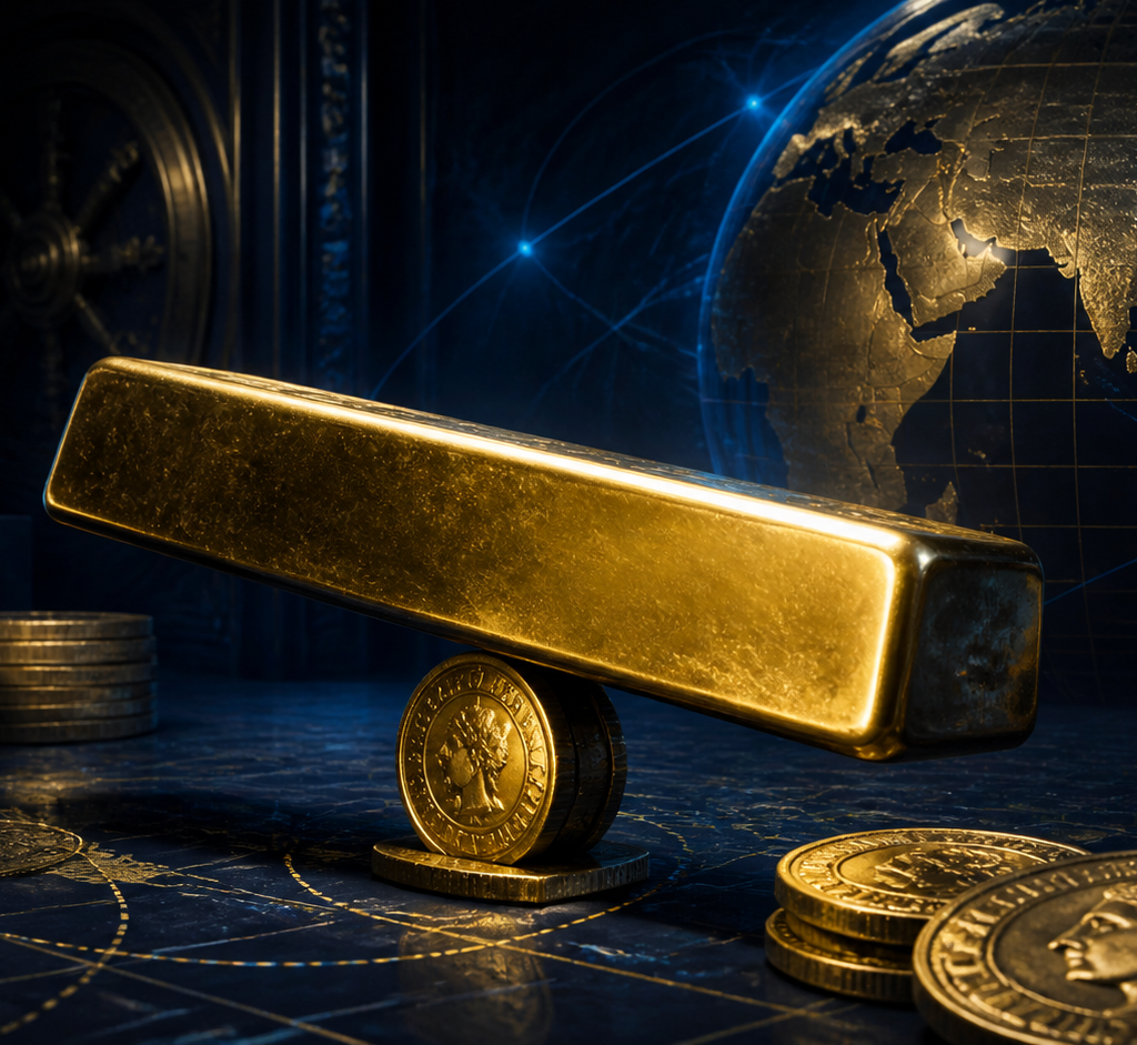Barra de ouro, moedas e rede econômica global