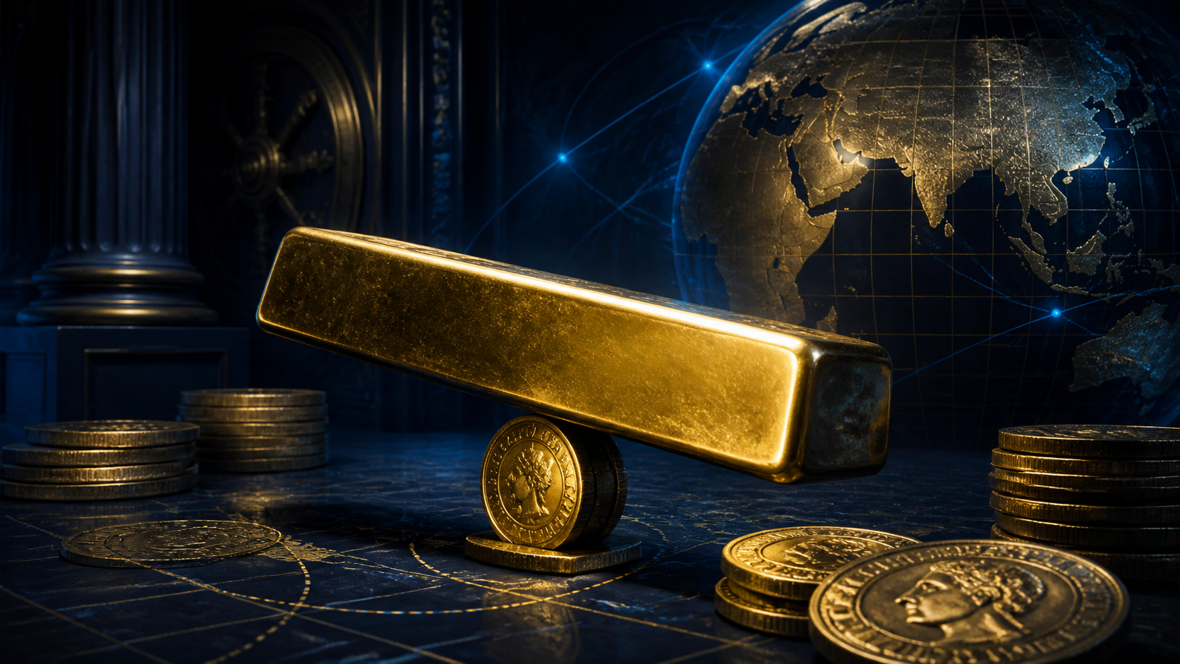 Barra de ouro, moedas e rede econômica global