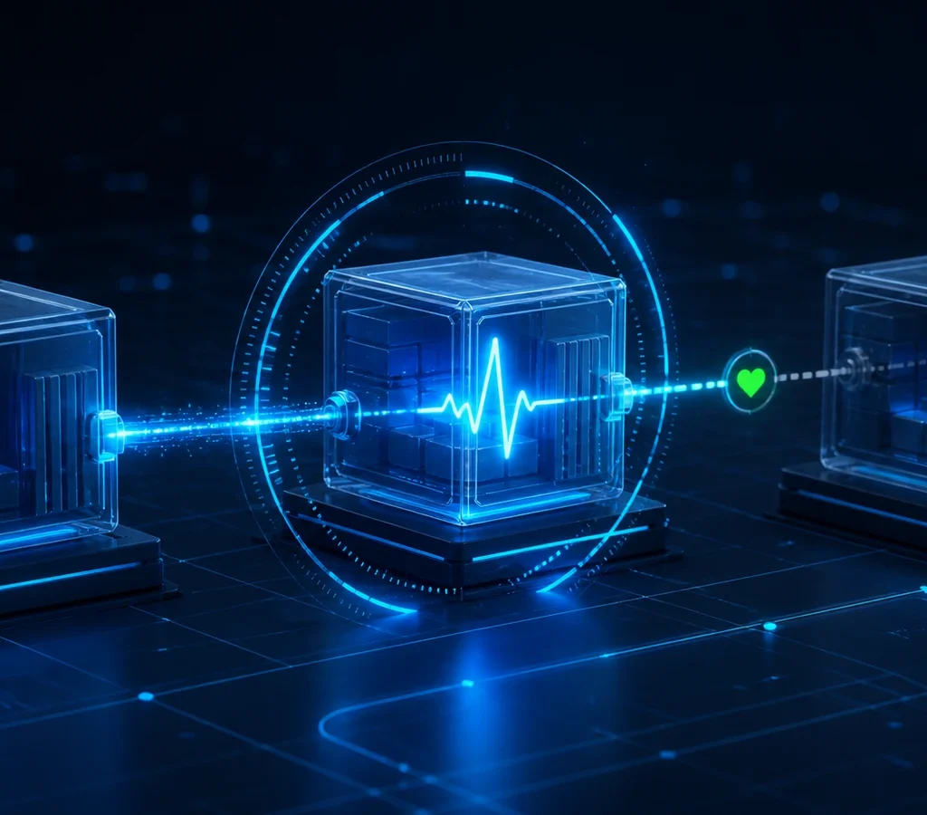 Três containers conectados com monitoramento de saúde e sinal luminoso de disponibilidade