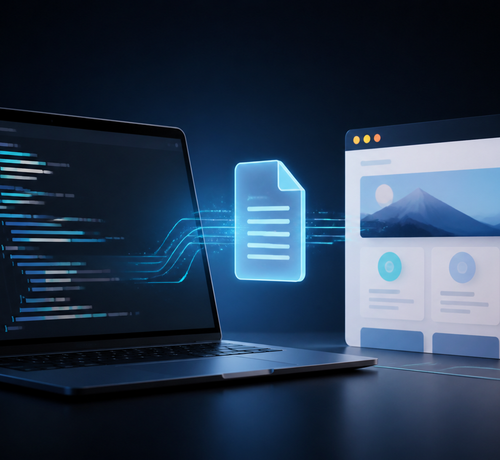 Editor e navegador conectados por um documento HTML
