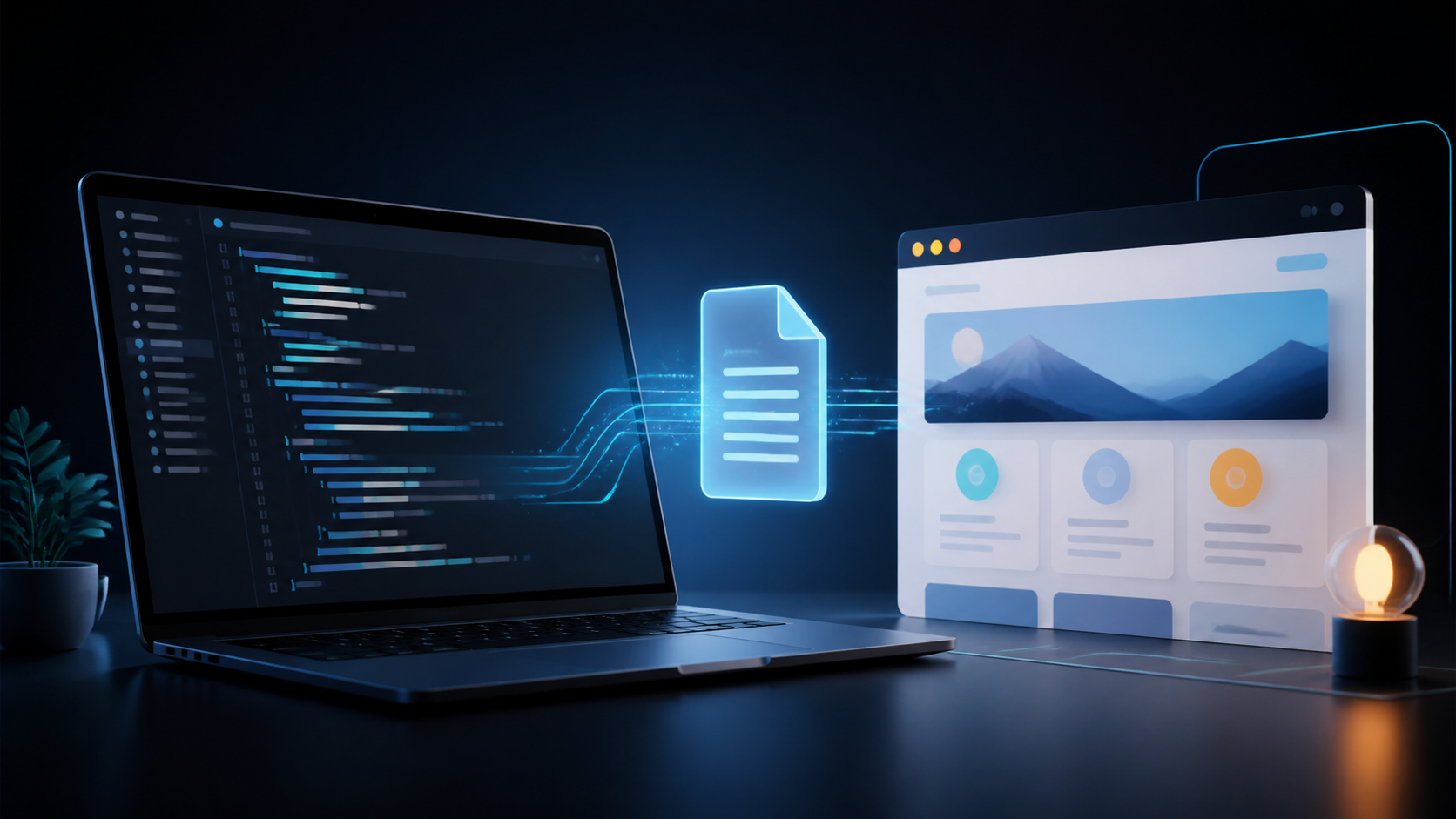 Editor e navegador conectados por um documento HTML
