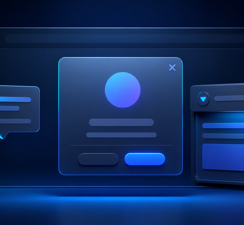 Interface HTML moderna com modal, popover e painel expansível em tons de azul e ciano