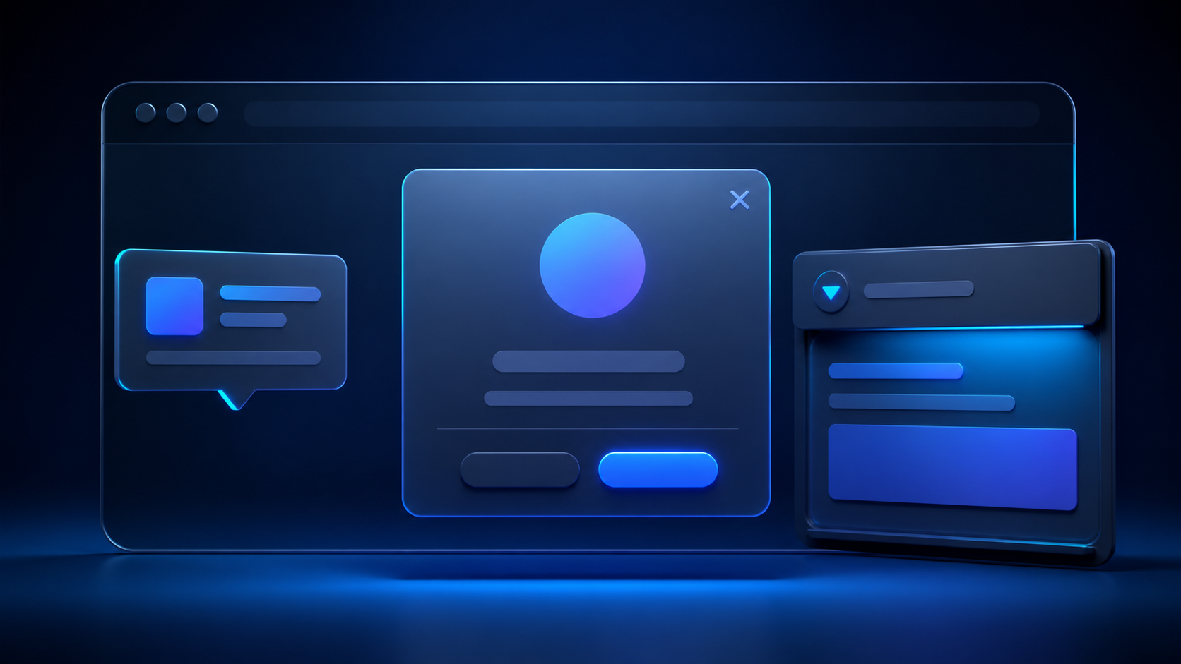 Interface HTML moderna com modal, popover e painel expansível em tons de azul e ciano