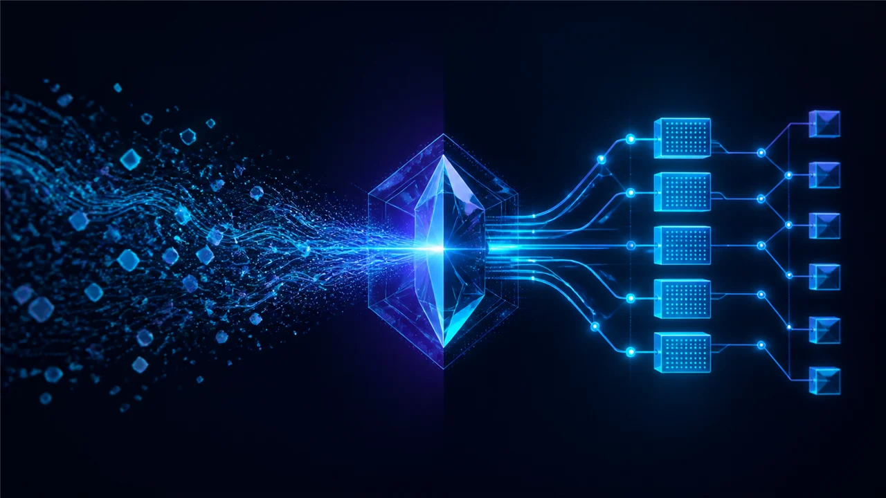 Fluxo de inteligência artificial transformando dados desorganizados em blocos estruturados para automação