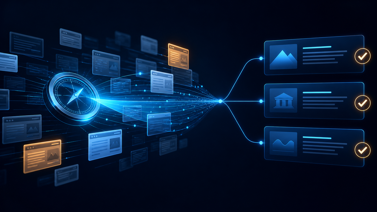 Sistema de IA pesquisando páginas da Web e organizando fontes verificadas com citações