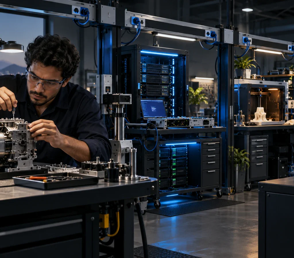 Profissional trabalha em uma bancada técnica central enquanto diferentes trilhas de competências e projetos se conectam ao mesmo núcleo de fundamentos