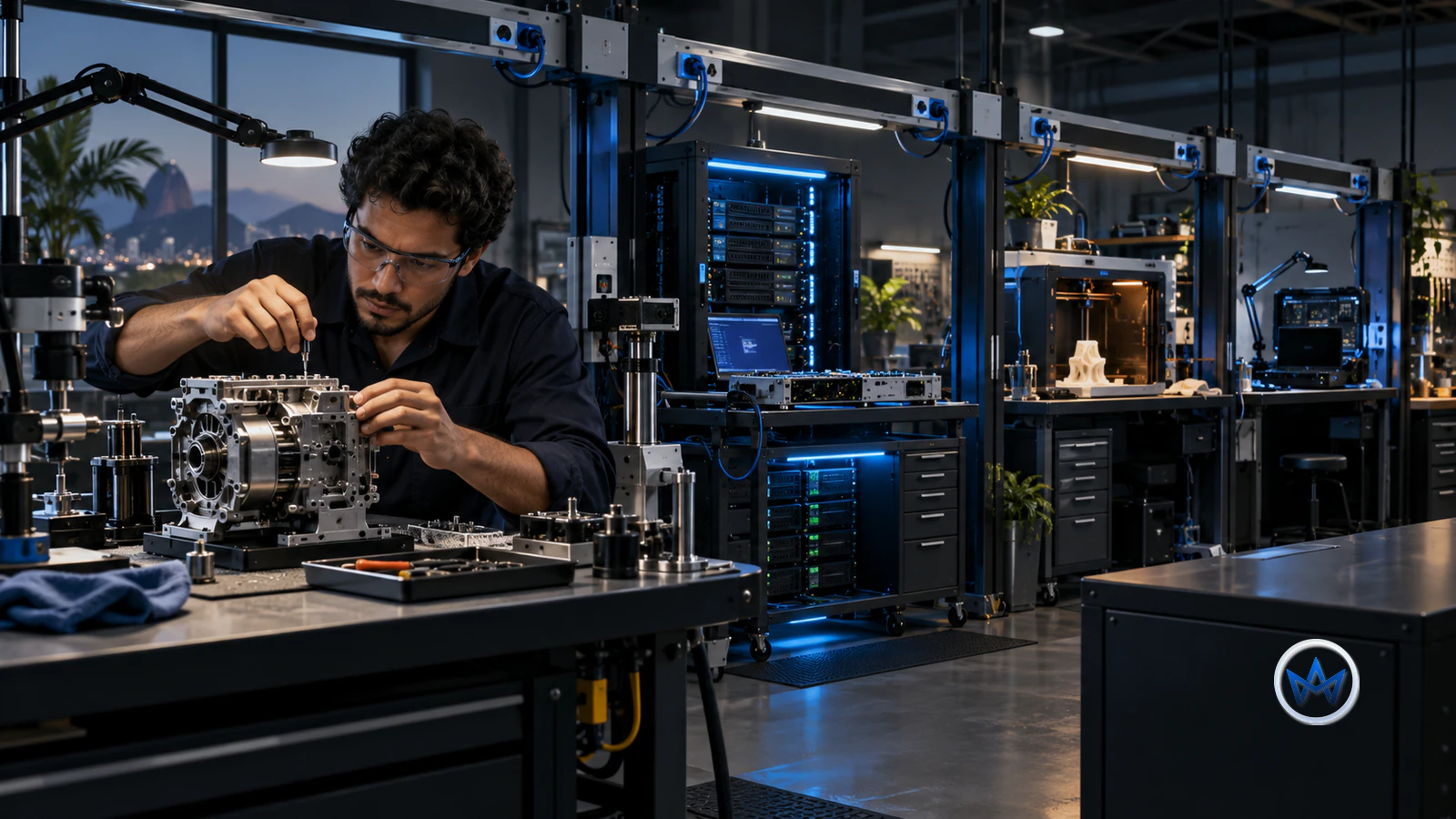 Profissional trabalha em uma bancada técnica central enquanto diferentes trilhas de competências e projetos se conectam ao mesmo núcleo de fundamentos