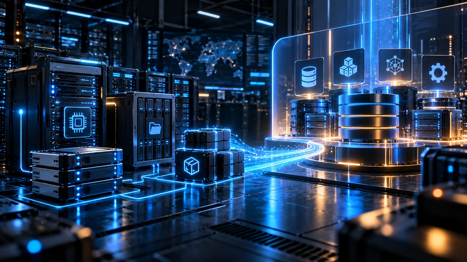Arquitetura cloud comparando compute, storage e serviços gerenciados como diferentes níveis de responsabilidade operacional