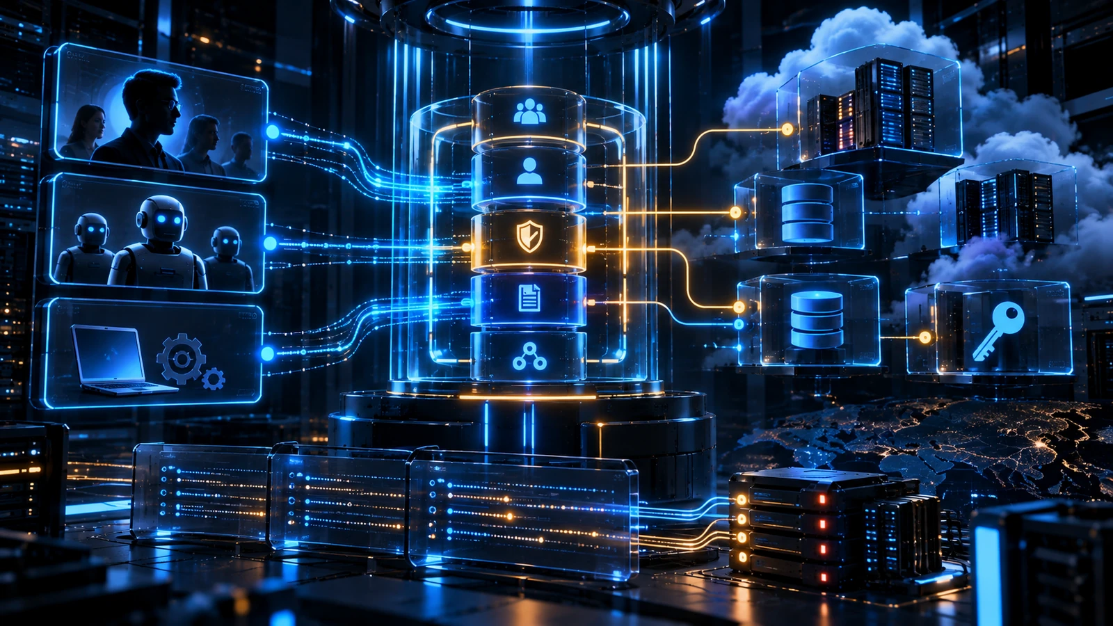 Arquitetura cloud com identidades humanas e de aplicações atravessando fronteiras de autorização por roles e políticas de acesso