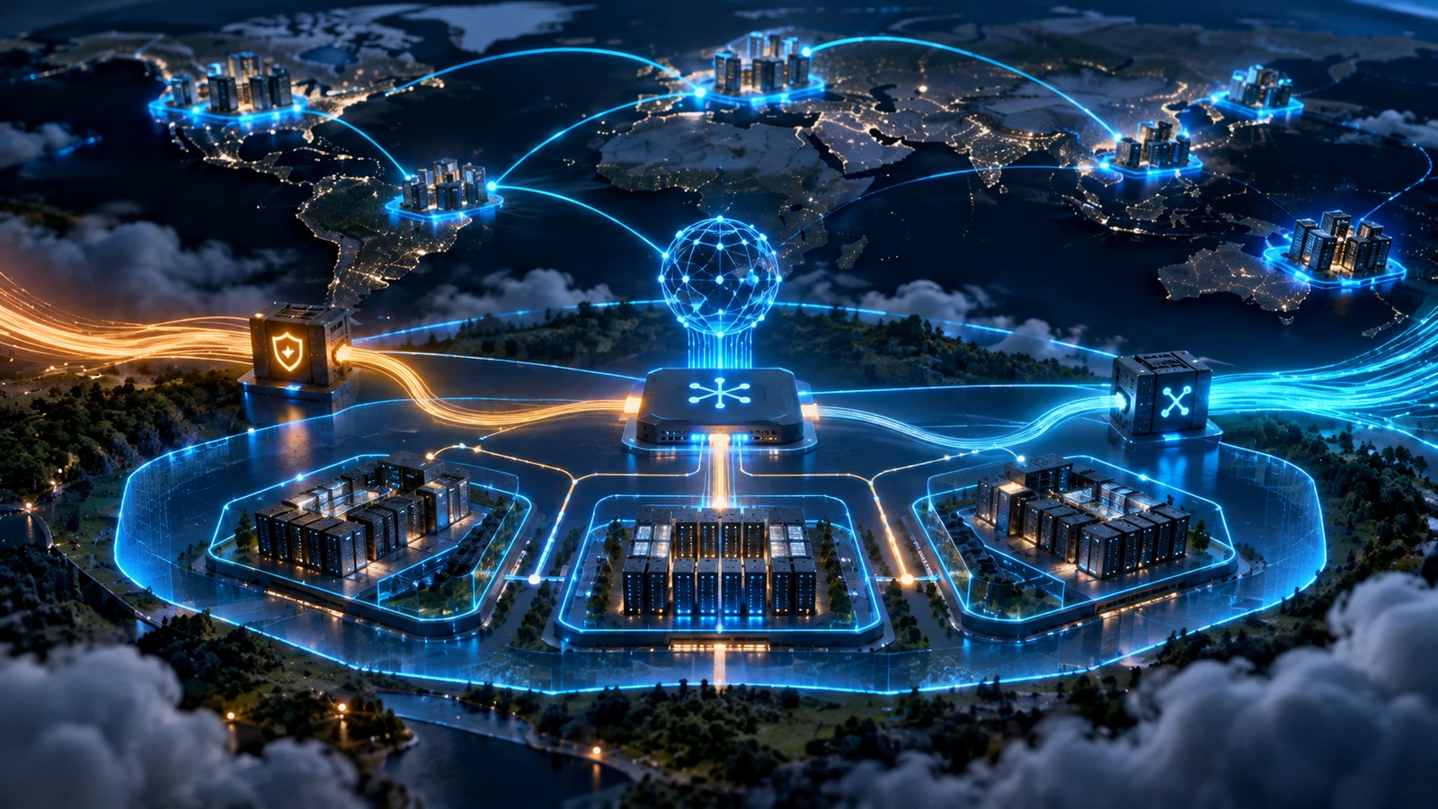 Mapa de infraestrutura cloud com regiões, zonas, redes privadas, DNS e balanceamento de tráfego