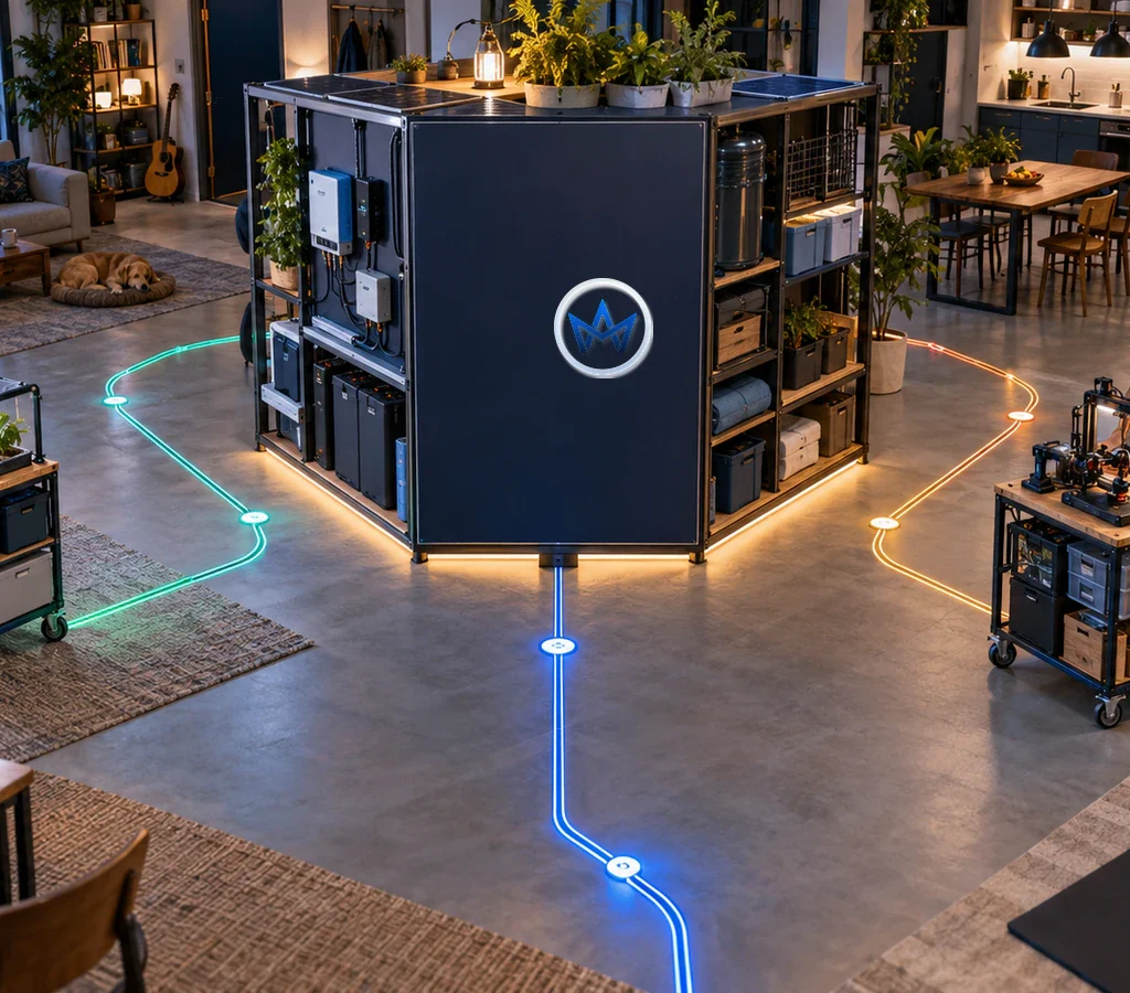Pessoa organiza uma estrutura modular de vida com base protegida, múltiplos caminhos, áreas de experimentação e sinais de feedback em ambiente realista