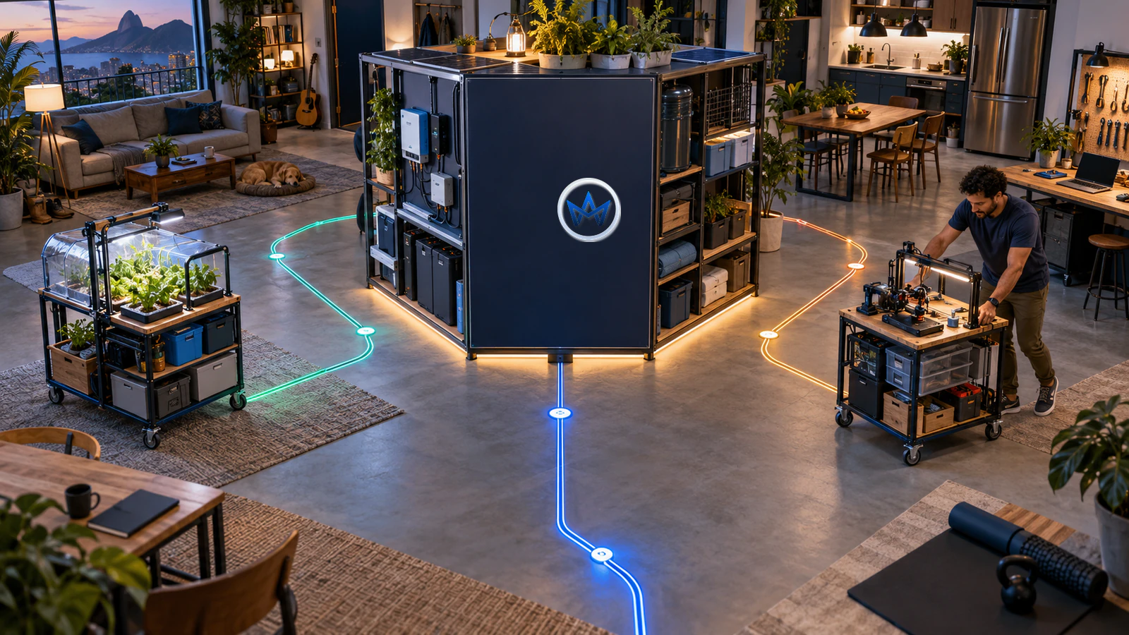 Pessoa organiza uma estrutura modular de vida com base protegida, múltiplos caminhos, áreas de experimentação e sinais de feedback em ambiente realista