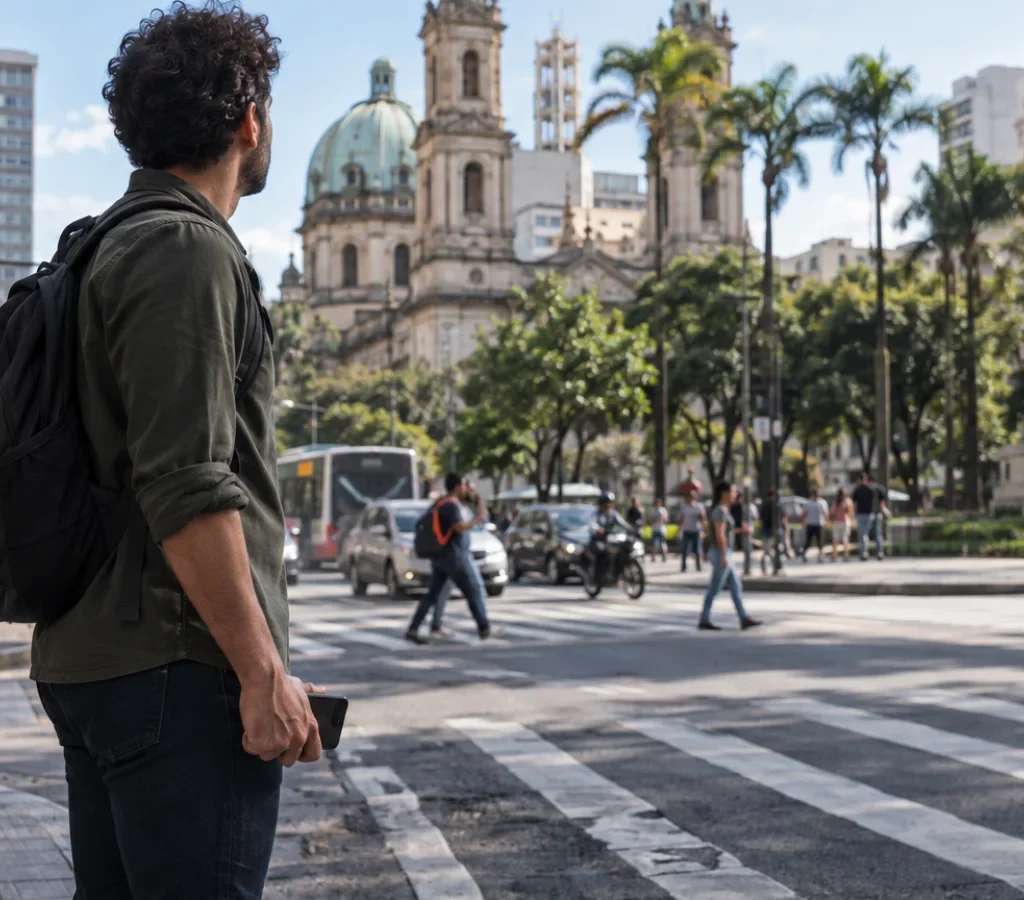 Pessoa se orienta por pontos de referência numa cidade enquanto mantém o celular guardado, praticando navegação sem assistência
