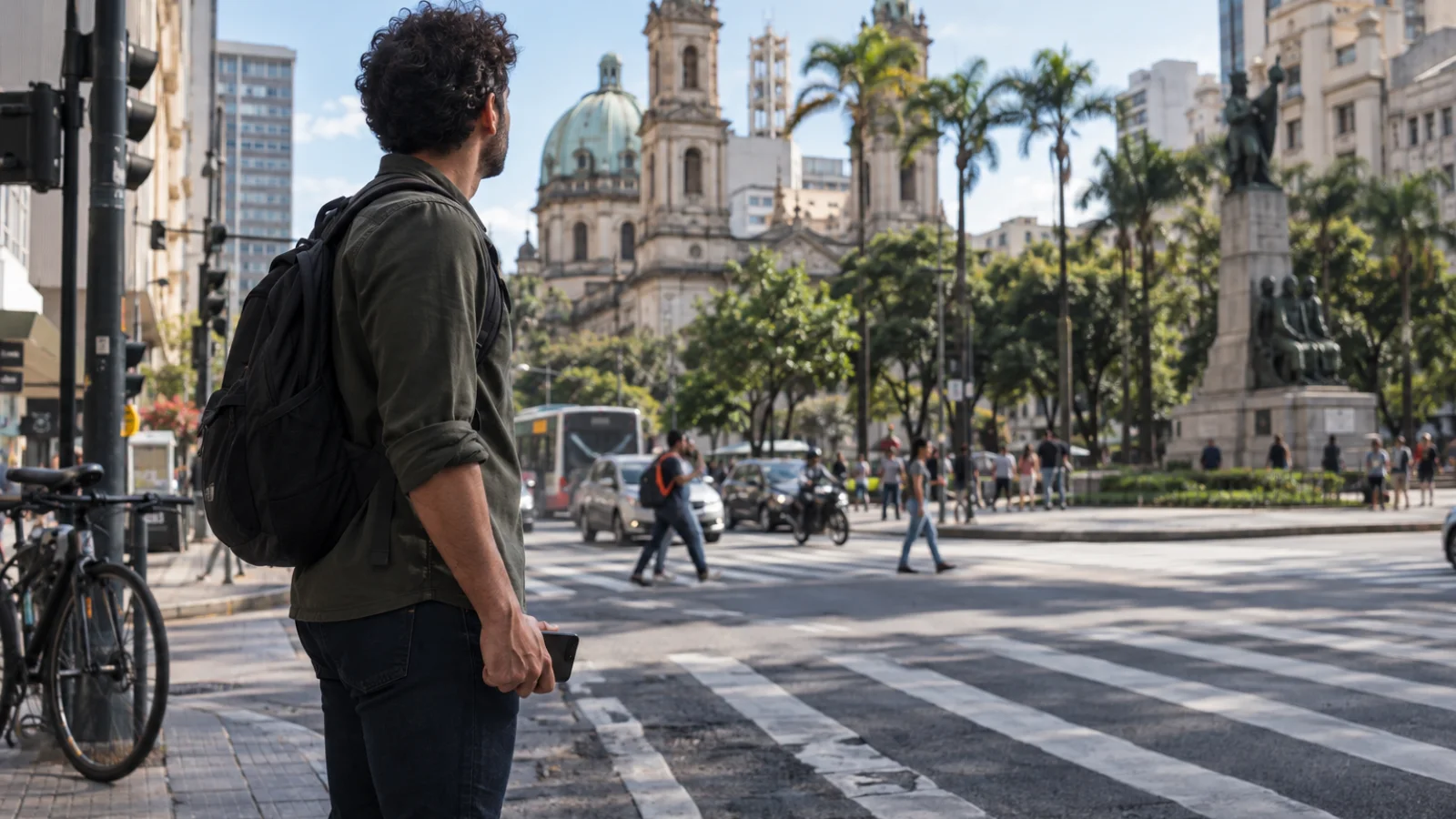 Pessoa se orienta por pontos de referência numa cidade enquanto mantém o celular guardado, praticando navegação sem assistência