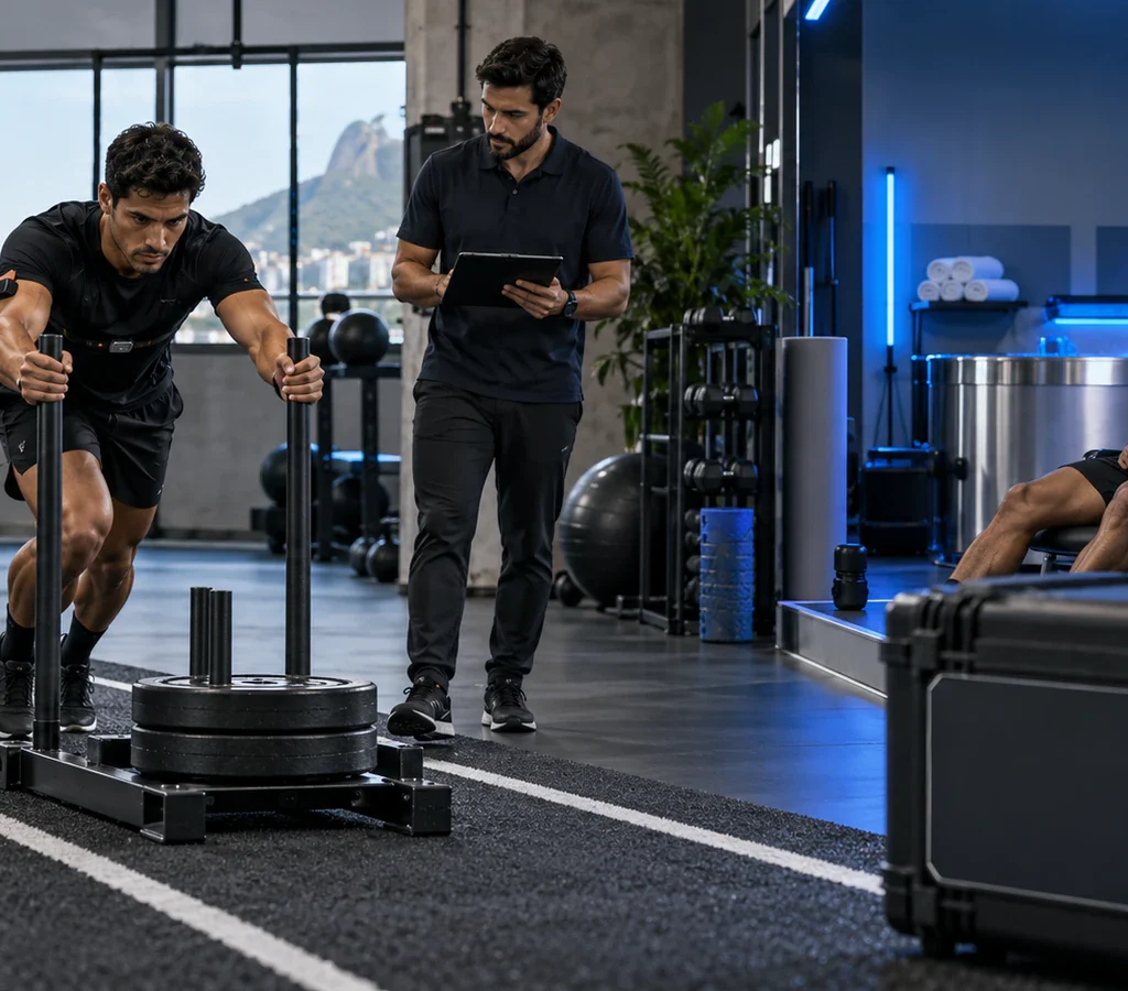 Atleta acompanha uma sessão de treino estruturada com sinais de esforço, recuperação e progressão em ambiente esportivo realista