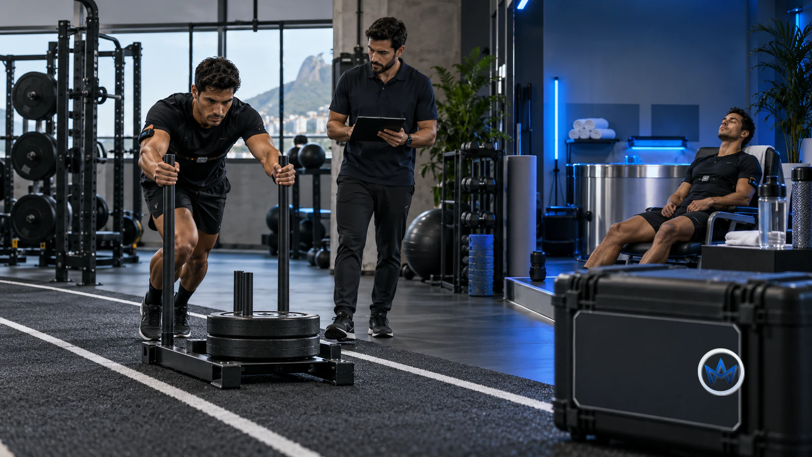 Atleta acompanha uma sessão de treino estruturada com sinais de esforço, recuperação e progressão em ambiente esportivo realista