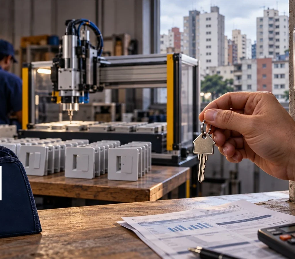 Chave de imóvel e medidor de energia diante de produção automatizada, com monograma Asllan Maciel em um estojo de ferramentas