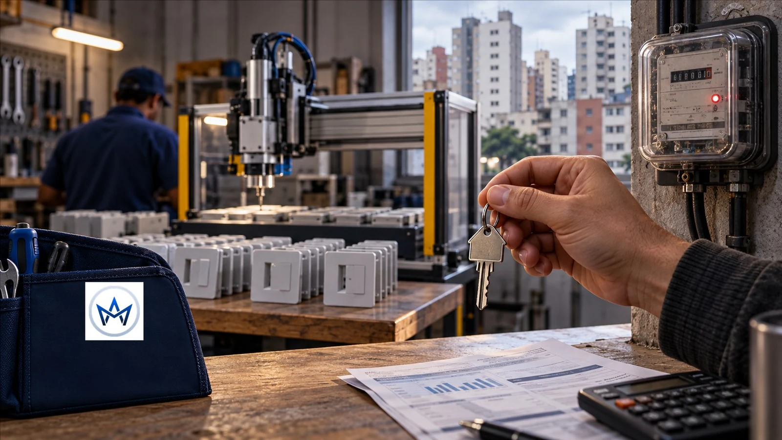 Chave de imóvel e medidor de energia diante de produção automatizada, com monograma Asllan Maciel em um estojo de ferramentas