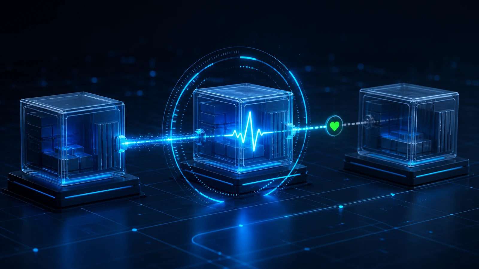 Três containers conectados com monitoramento de saúde e sinal luminoso de disponibilidade