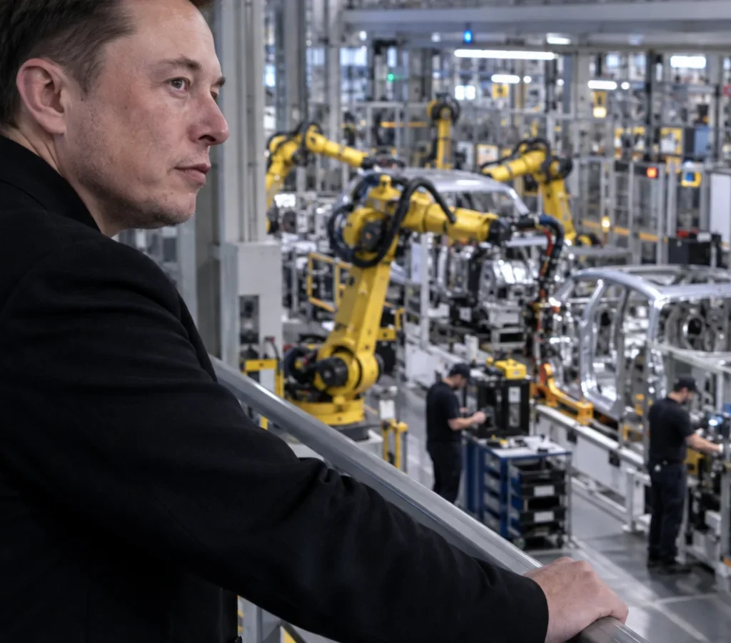 Elon Musk em retrato editorial diante de uma linha industrial automatizada, com braços robóticos e trabalhadores humanos