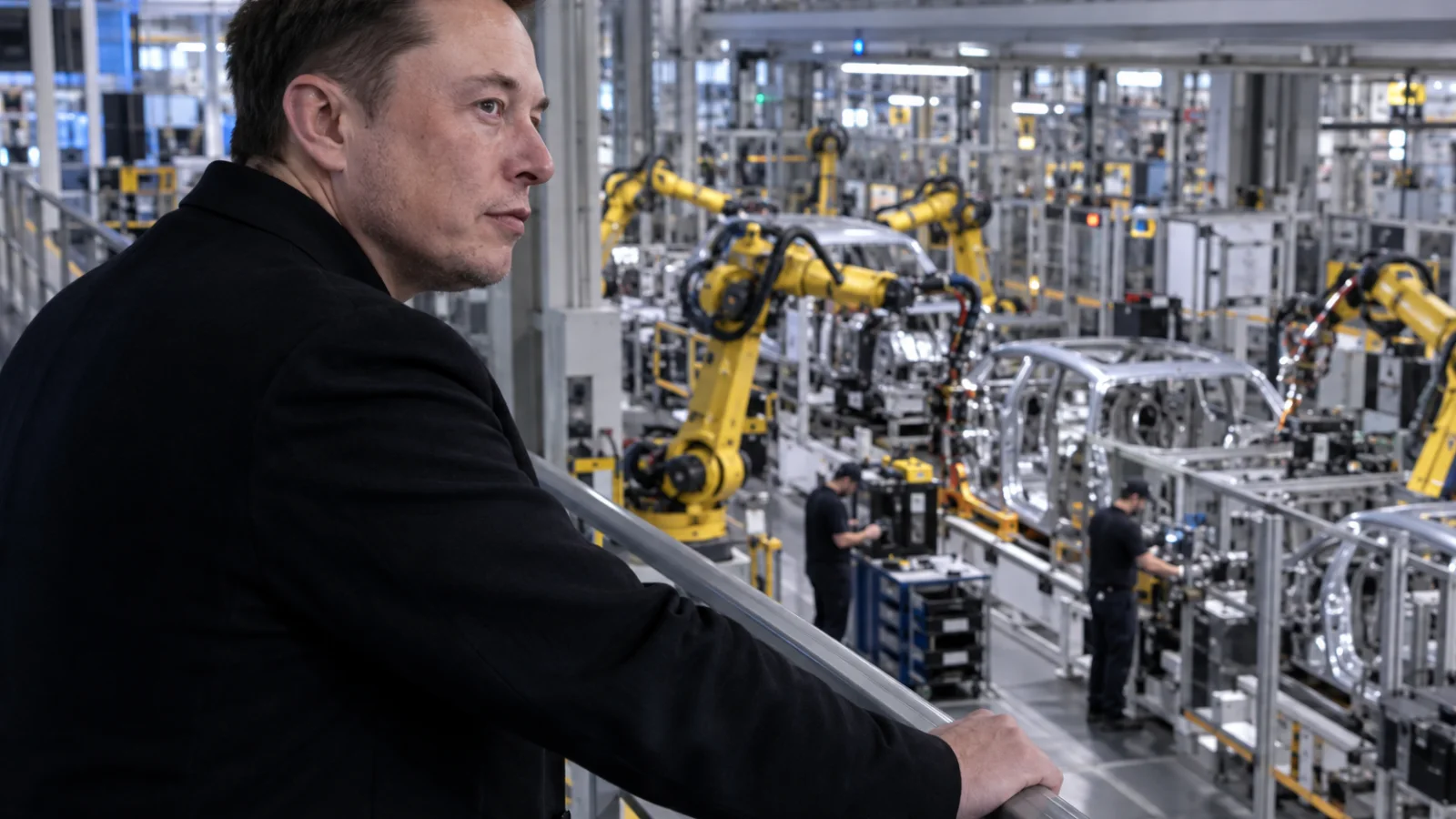 Elon Musk em retrato editorial diante de uma linha industrial automatizada, com braços robóticos e trabalhadores humanos