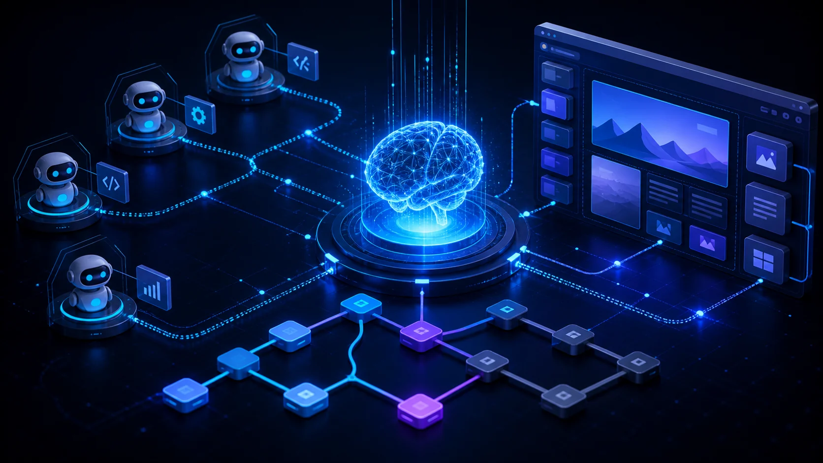 Núcleo de inteligência artificial conectado a agentes, código e uma interface modular de publicação