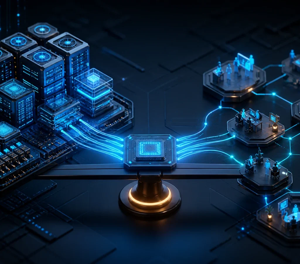 Blocos digitais iluminados representam diferentes componentes de software e infraestrutura de IA conectados por um fluxo de dados em ambiente escuro