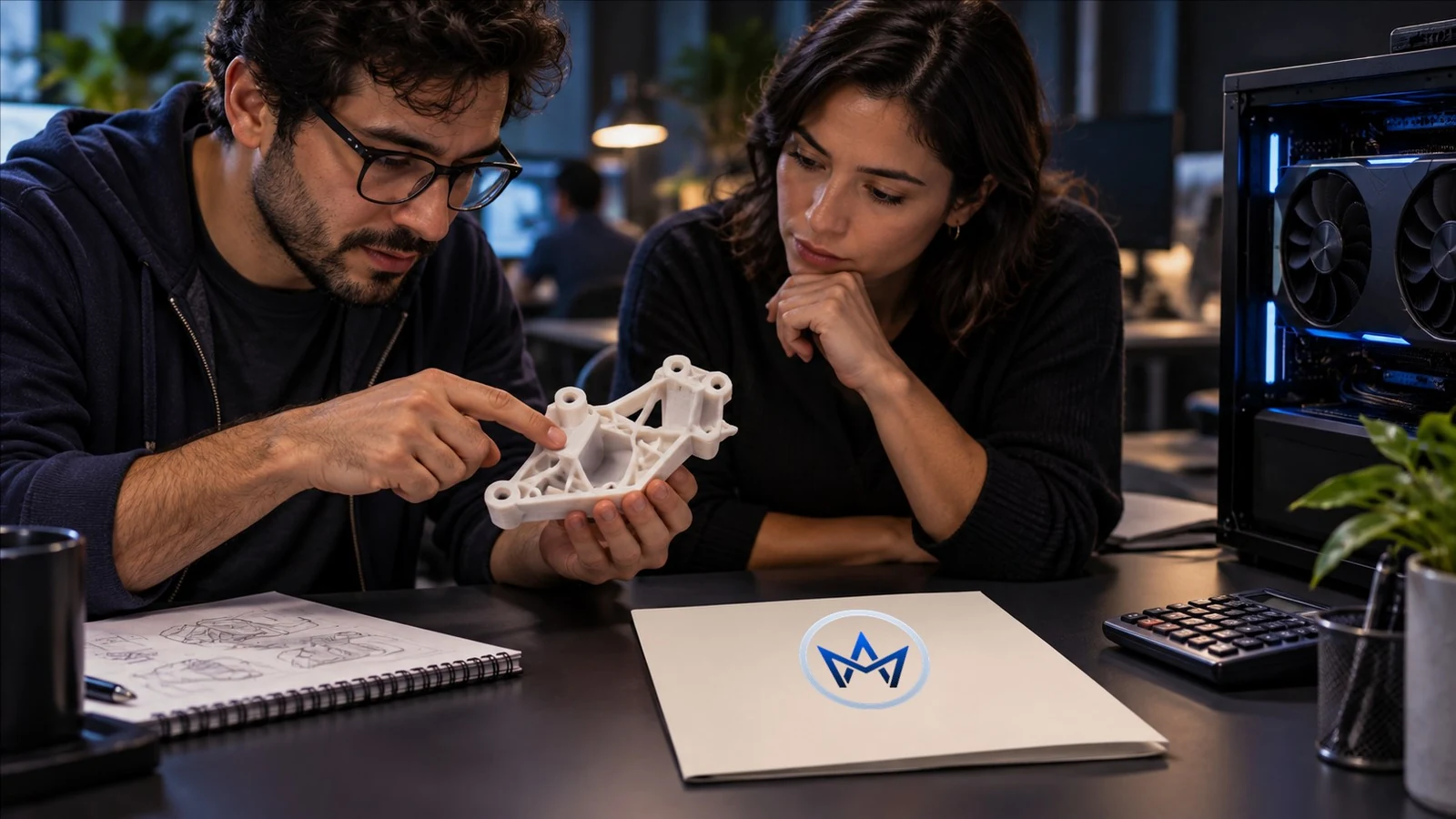 Equipe avalia o custo de infraestrutura e uma entrega de software, com monograma Asllan Maciel em uma pasta de trabalho