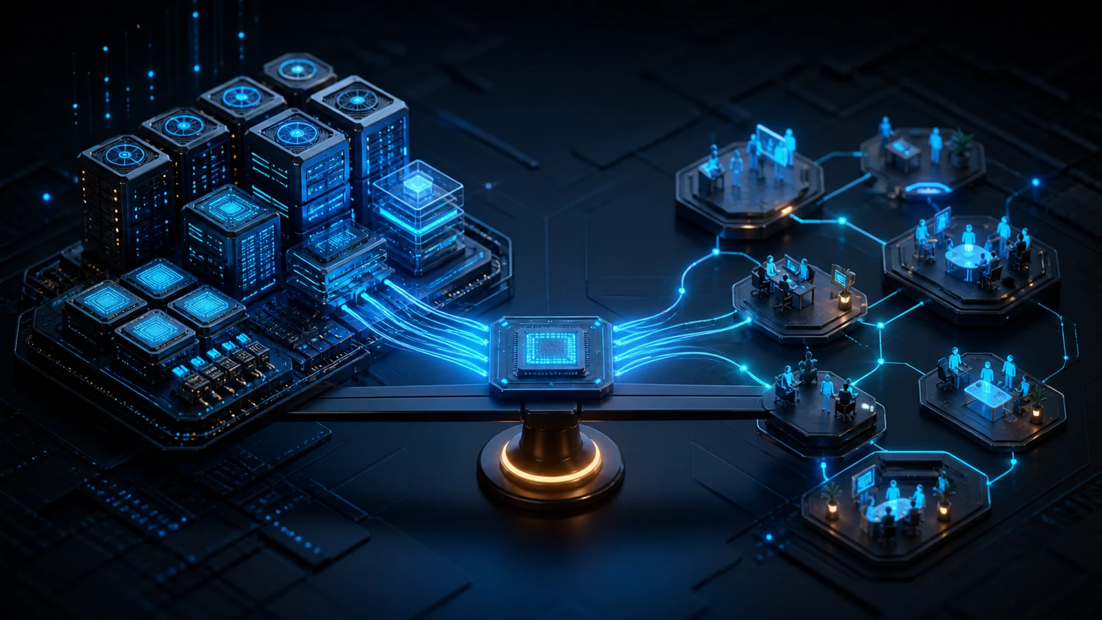 Blocos digitais iluminados representam diferentes componentes de software e infraestrutura de IA conectados por um fluxo de dados em ambiente escuro