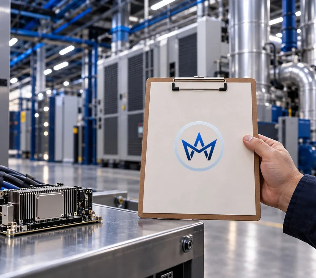 Módulo de computação compacto diante de cabos e refrigeração volumosos; monograma Asllan Maciel na prancheta