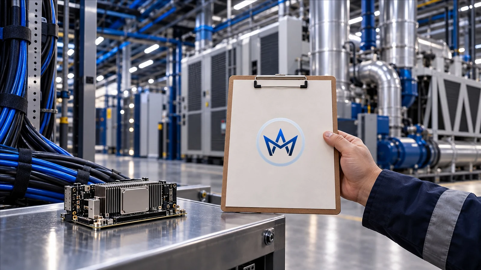 Módulo de computação compacto diante de cabos e refrigeração volumosos; monograma Asllan Maciel na prancheta