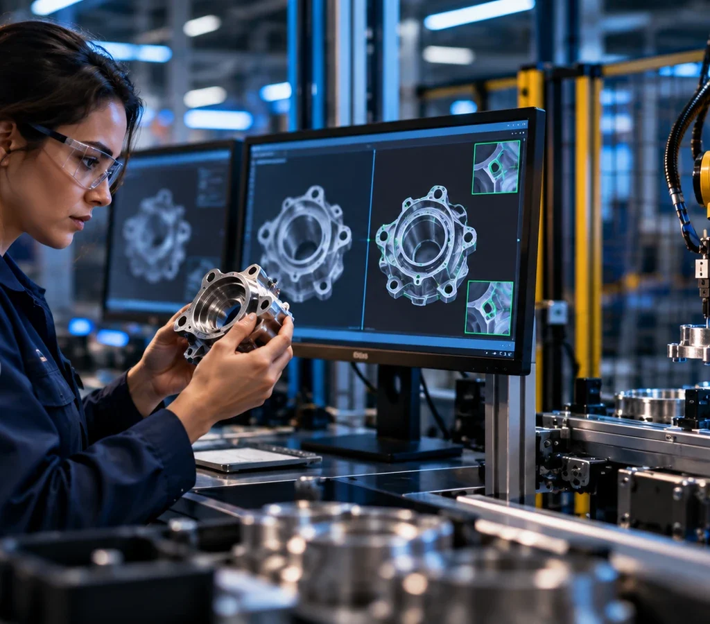 Técnica inspeciona um componente com visão computacional enquanto um braço robótico executa tarefas repetitivas na linha de produção