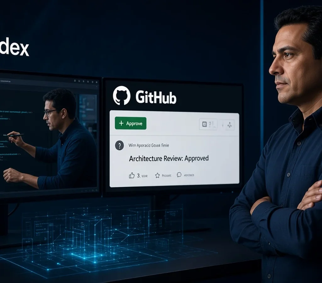 Engenheiro revisa um patch gerado pelo OpenAI Codex e um pull request no GitHub em um escritório navy com luz ciano