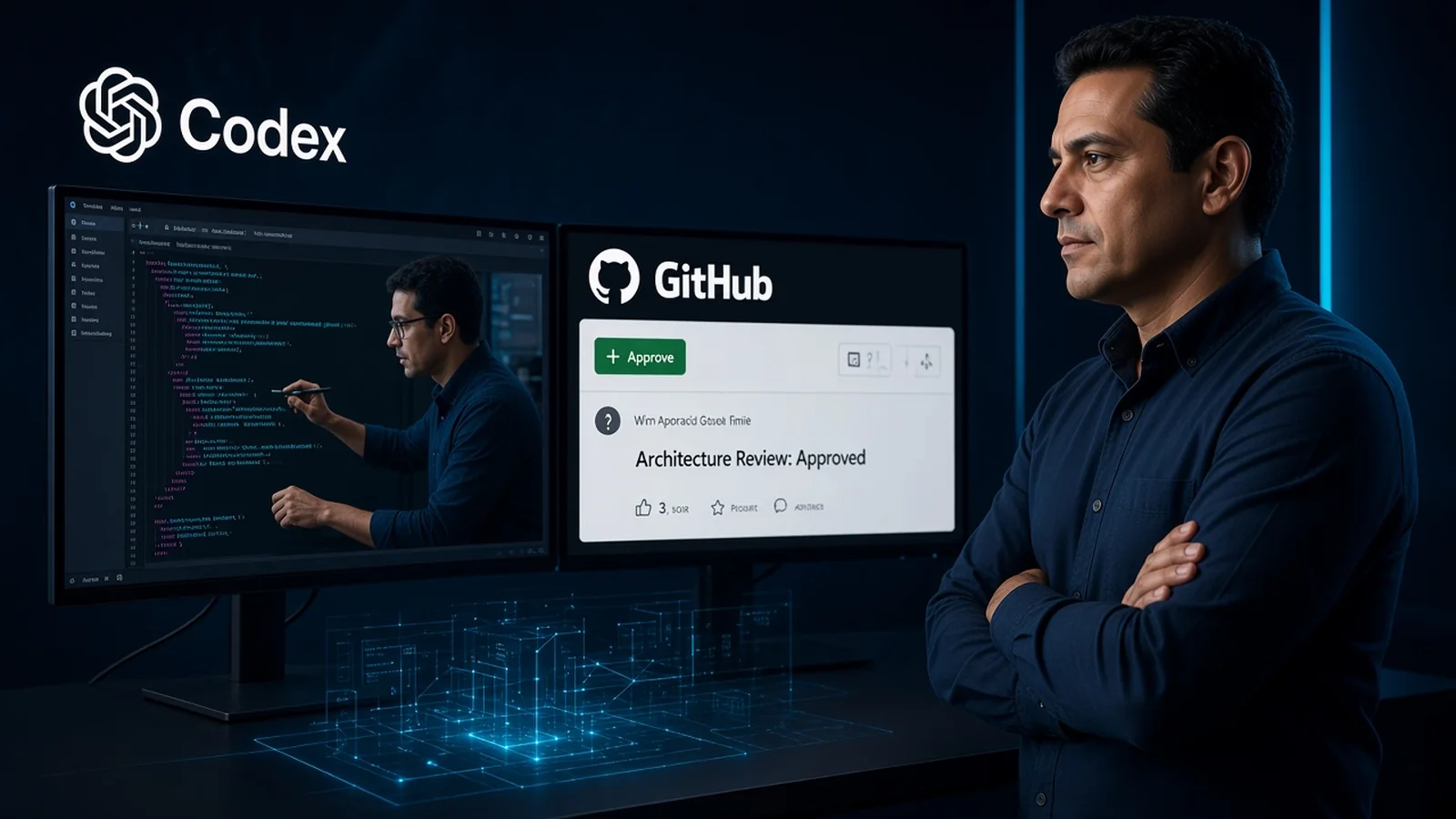 Engenheiro revisa um patch gerado pelo OpenAI Codex e um pull request no GitHub em um escritório navy com luz ciano