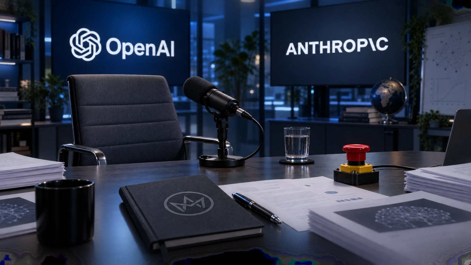 Cadeira de entrevista vazia diante dos logos da OpenAI e Anthropic, com microfone, documentos e botão físico de emergência