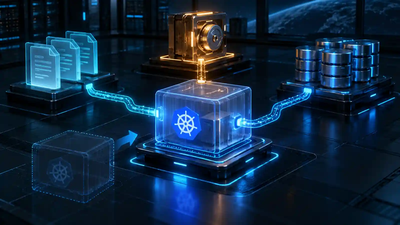 Workload Kubernetes separado em camadas de configuração, dados sensíveis e armazenamento persistente
