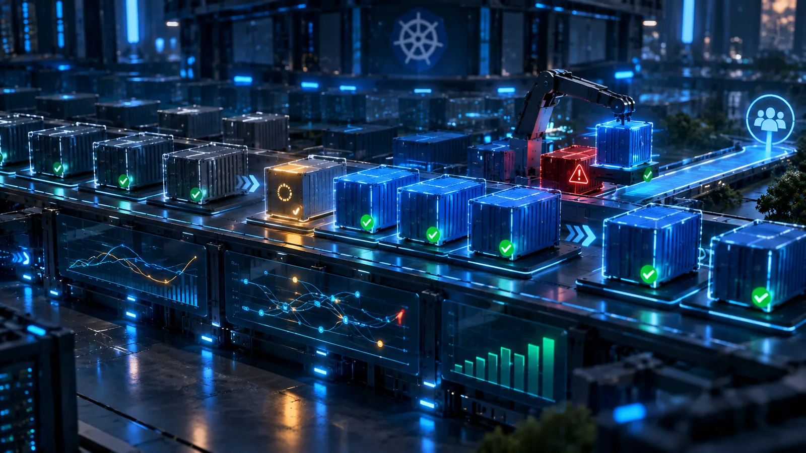 Workloads Kubernetes em diferentes estados de saúde durante um rollout monitorado por sinais operacionais