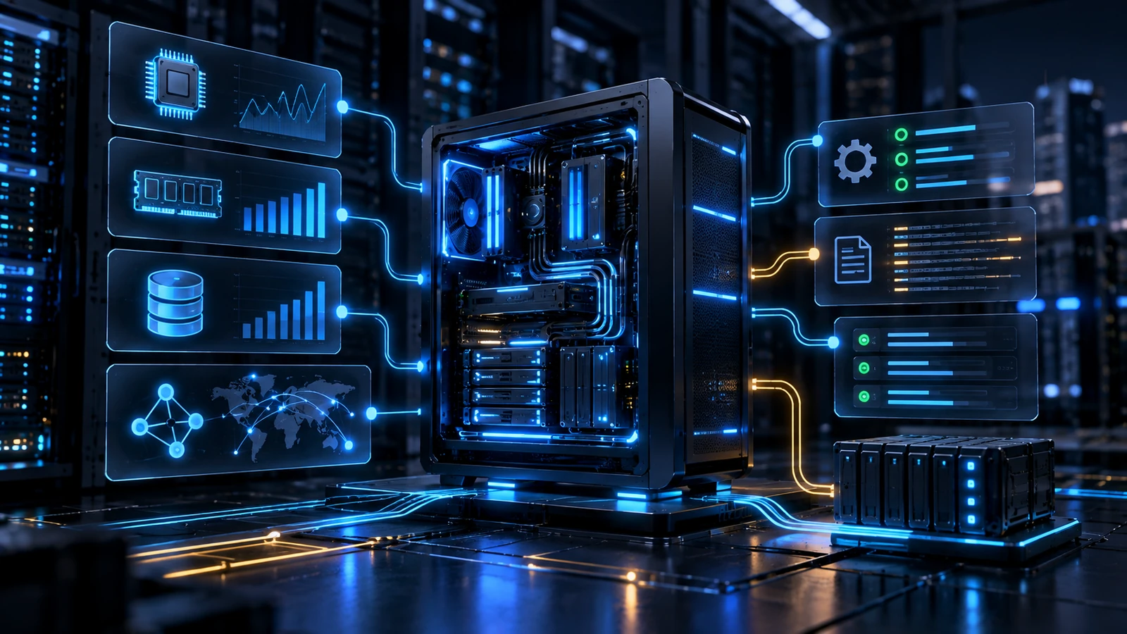 Servidor Linux em operação com processos, serviços, logs, rede e recursos do sistema representados visualmente