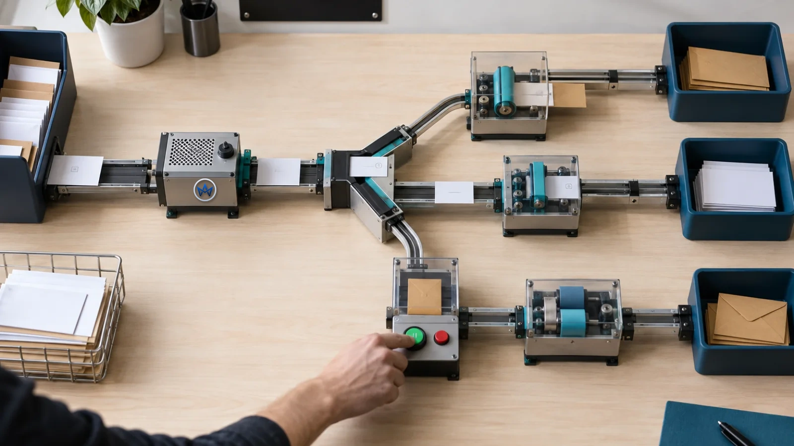 Fluxo físico conecta uma entrada a várias etapas de processamento, decisão e entrega, representando uma automação n8n controlável