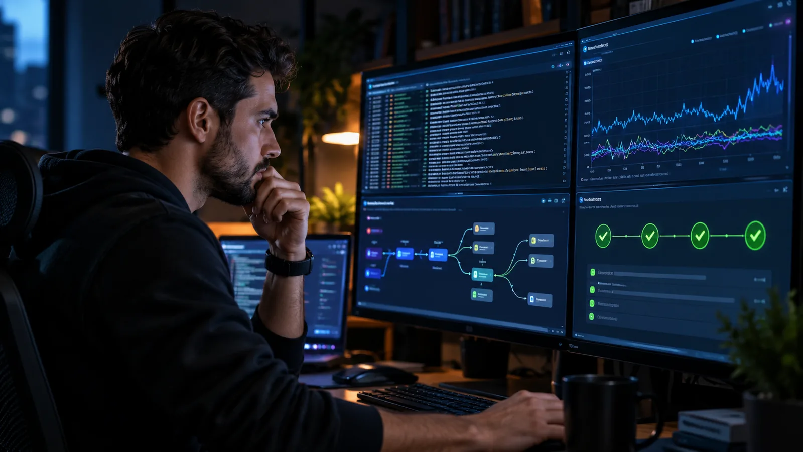 Sistema de software observado por logs, métricas, traces, healthchecks e alertas correlacionados