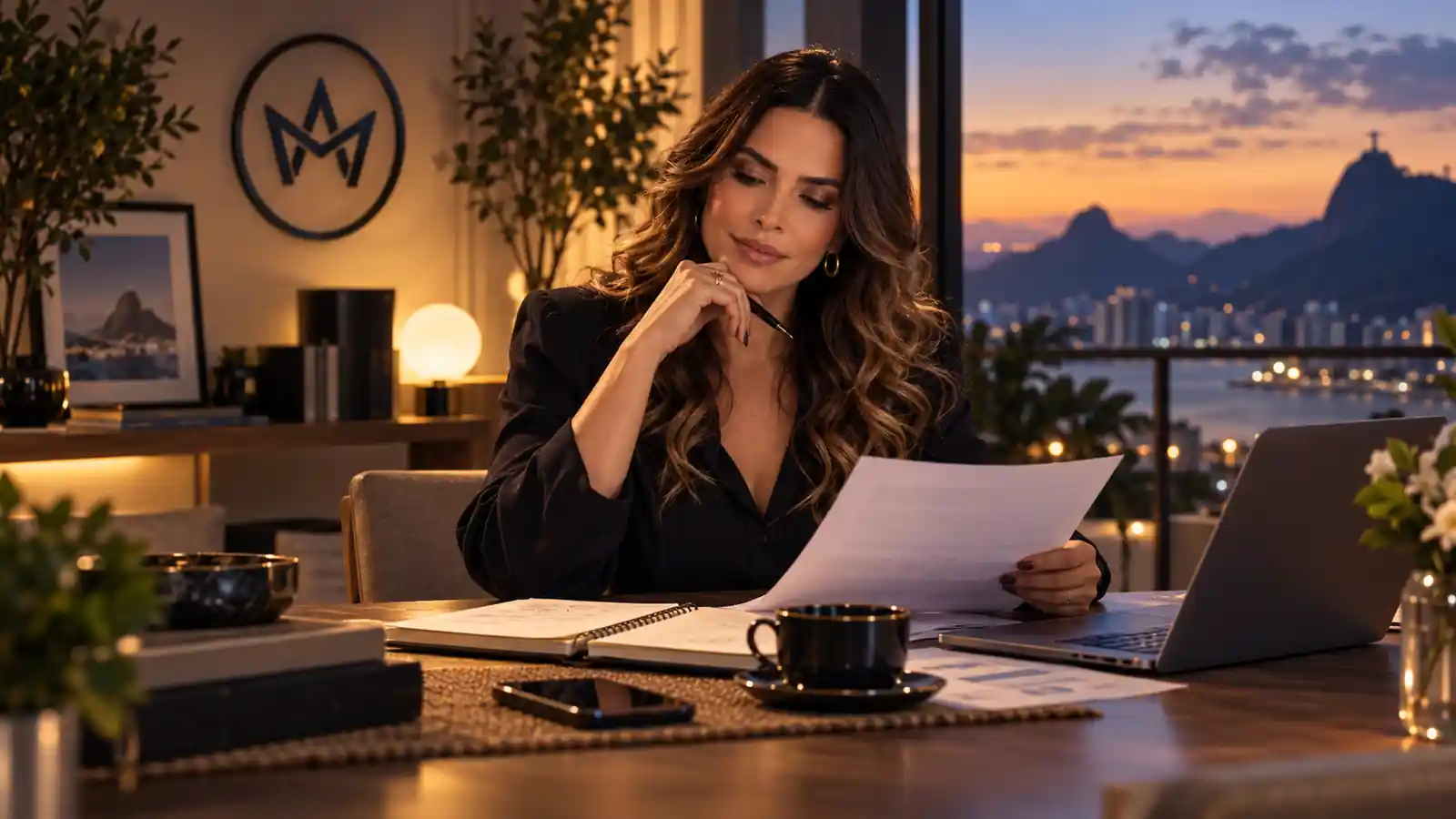 Profissional brasileira em home office no Rio de Janeiro analisa documentos financeiros diante de notebook, com o monograma do autor integrado ao ambiente