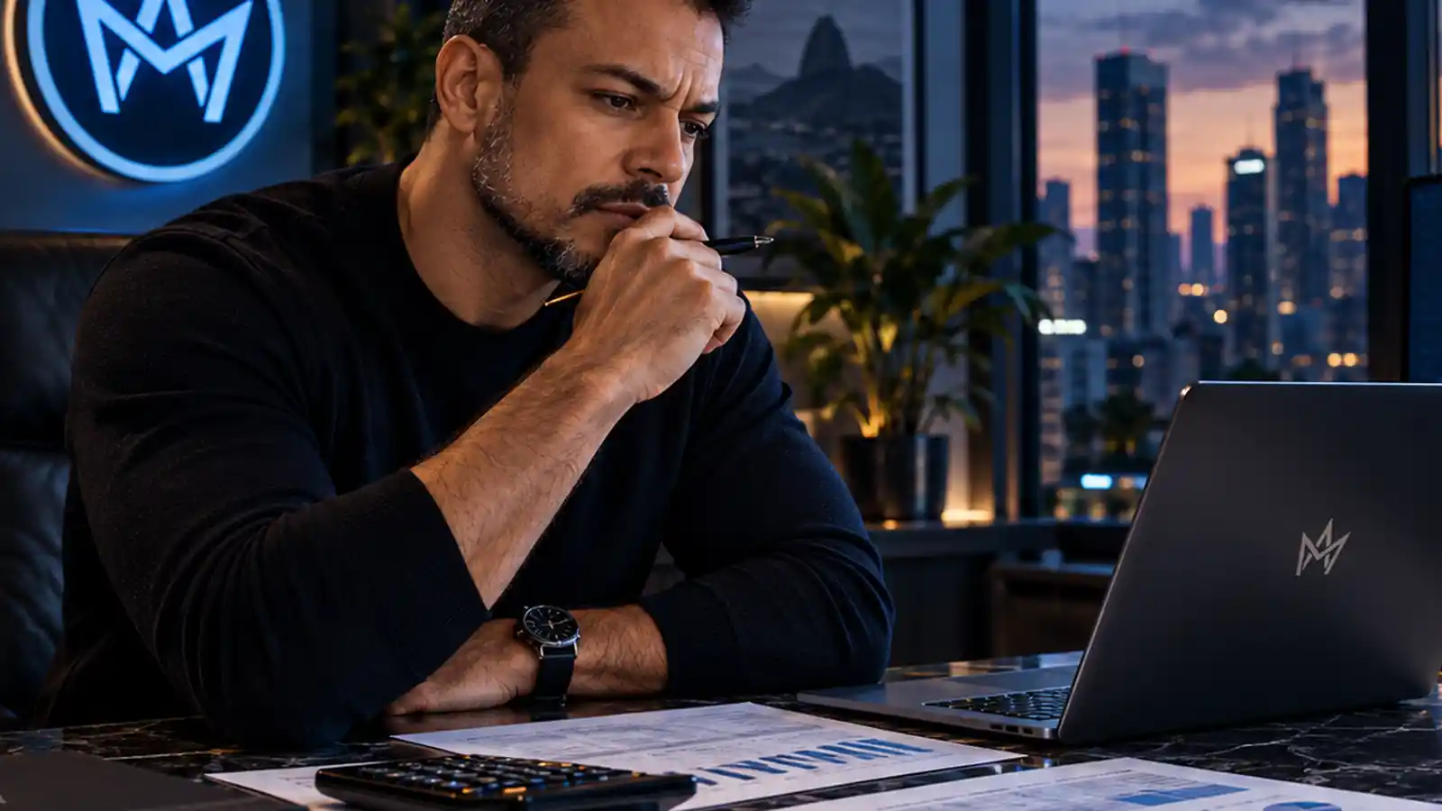 Profissional experiente analisa uma decisão financeira com documentos, calculadora e alternativas sobre a mesa antes de agir