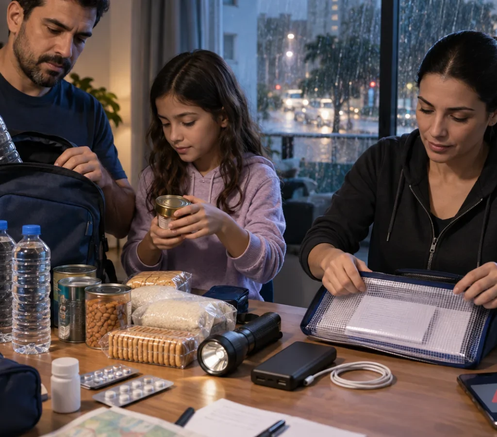 Família organiza água, lanterna, medicamentos, documentos e carregador numa mesa enquanto recebe um alerta de emergência no celular