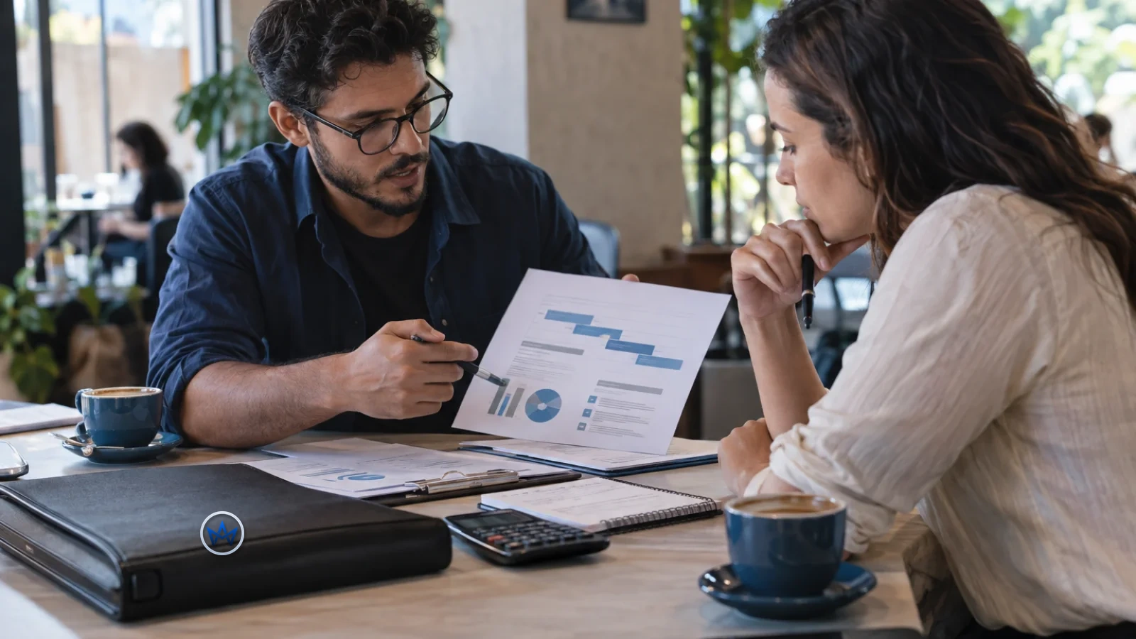 Programador apresenta uma proposta de projeto a um cliente enquanto compara escopo, prazo, custos, risco e faixa de preço