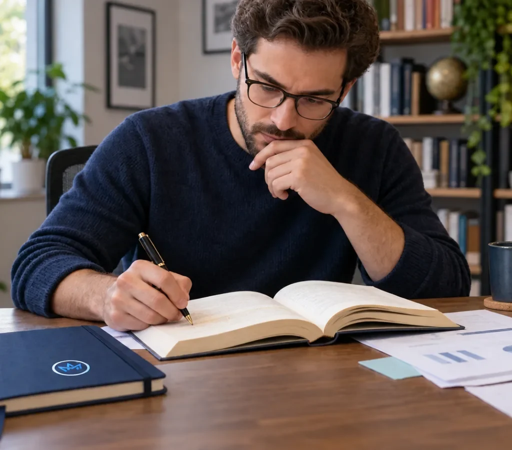 Profissional compara um livro antigo com pesquisas e anotações em uma mesa de estudo.