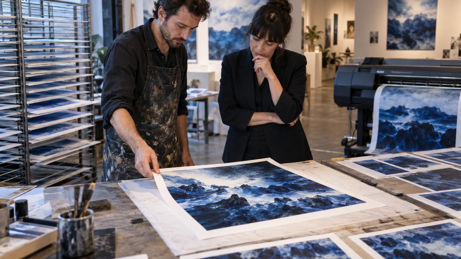 Artista e curadora selecionam uma obra física entre muitas variações impecáveis produzidas por máquinas em um estúdio-galeria real