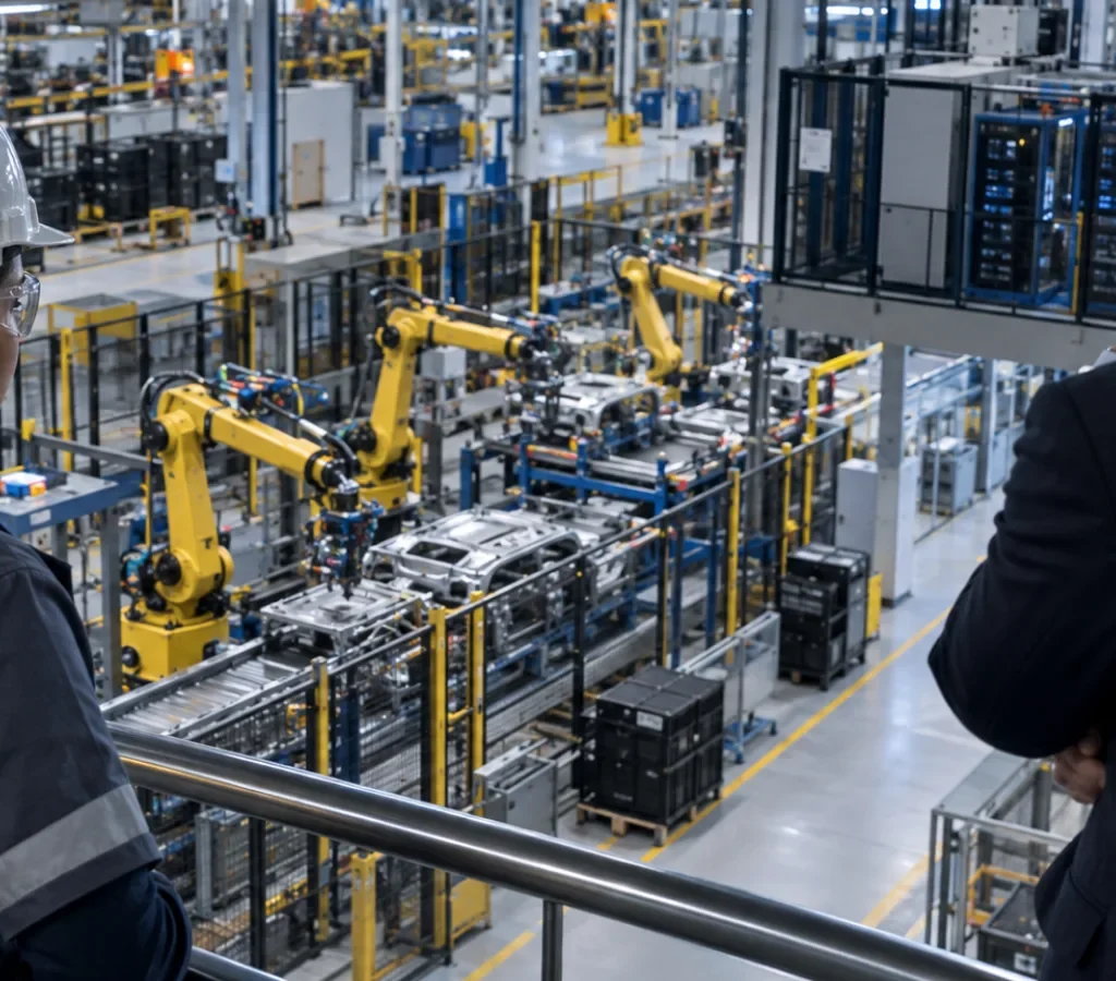 Trabalhadora e proprietário observam a mesma linha de produção automatizada com robôs industriais e infraestrutura de IA