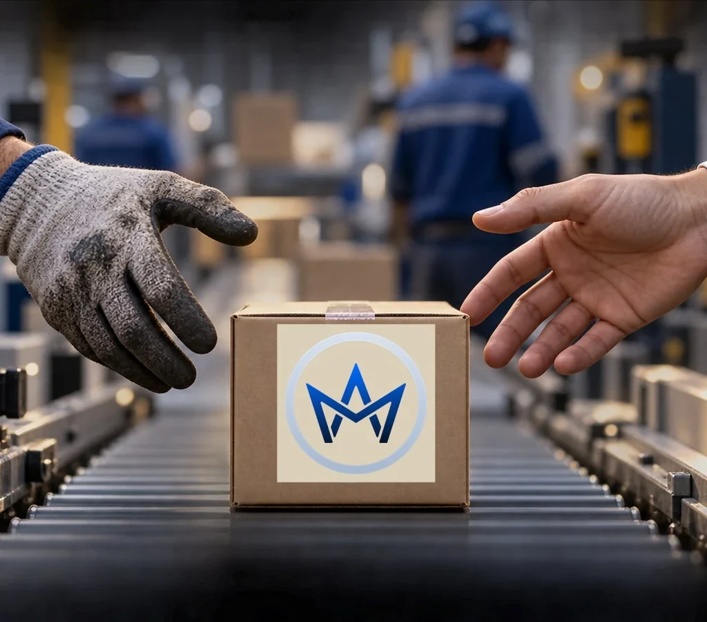 Mãos dividem uma caixa de produto entre trabalho e propriedade, com monograma Asllan Maciel aplicado à embalagem