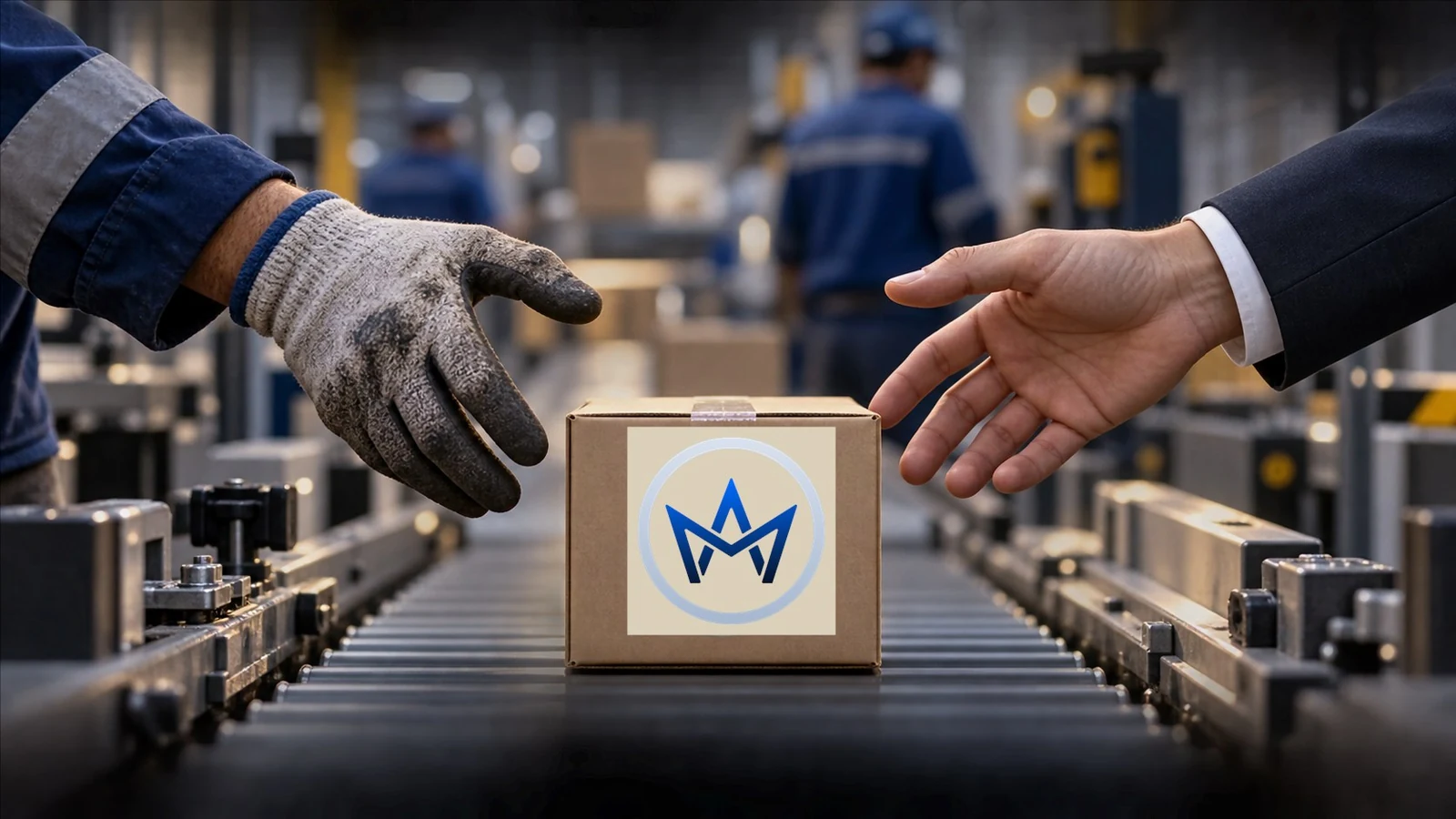 Mãos dividem uma caixa de produto entre trabalho e propriedade, com monograma Asllan Maciel aplicado à embalagem